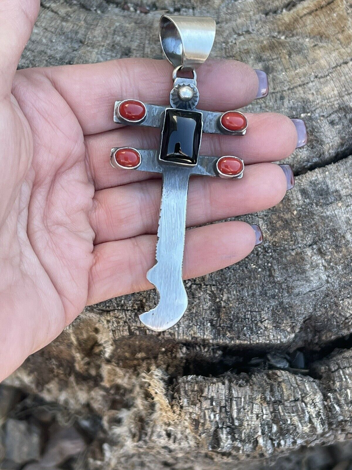 Navajo Sterling Silver Black Onyx and Coral Dragonfly Pendant By Chimney Butte