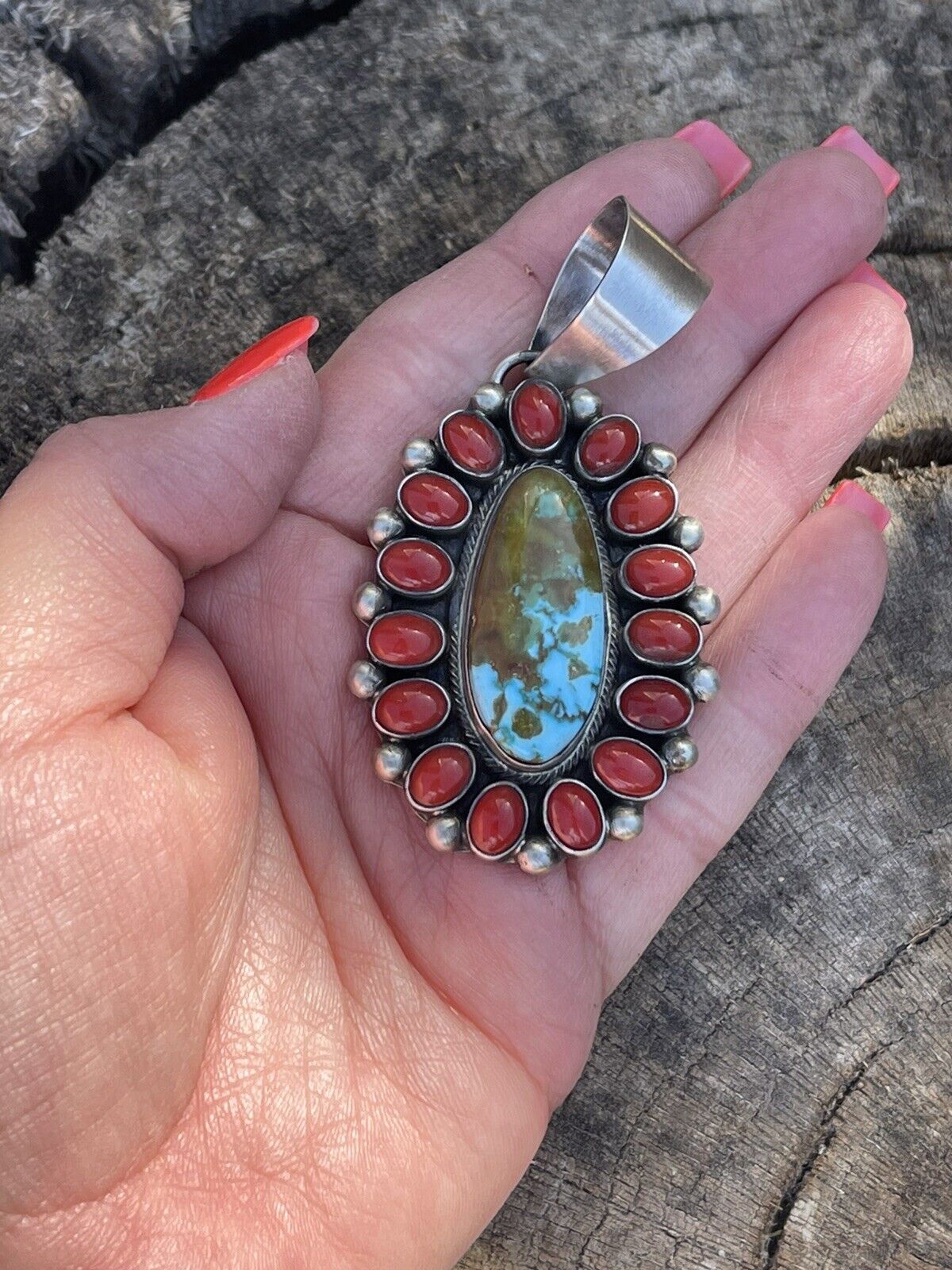 Navajo Sterling Silver Kingman Web Turquoise & Red Coral Taos Cluster Pendant