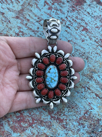 Navajo Sterling Kingman Web Turquoise & Red Coral Taos Ornate Pendant D. Clark