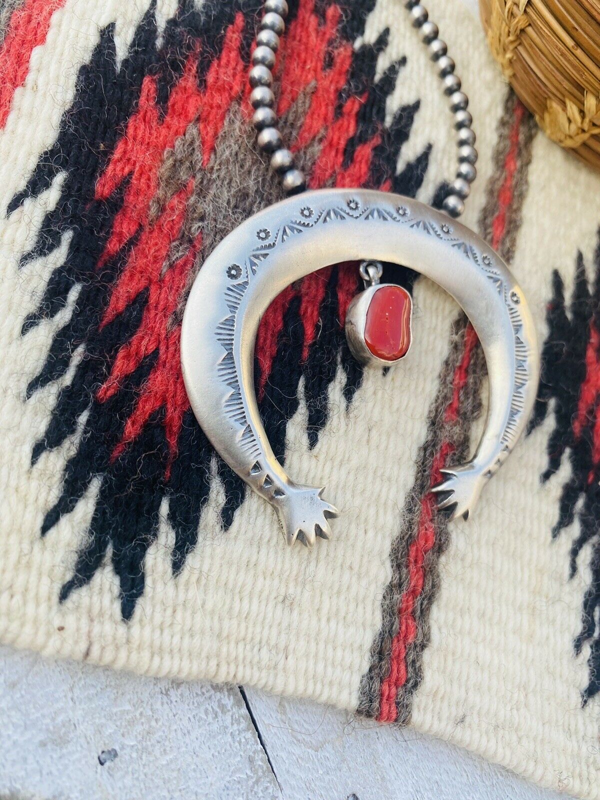 Navajo Sterling Silver & Red Coral Naja Pendant By Martha Cayatineto