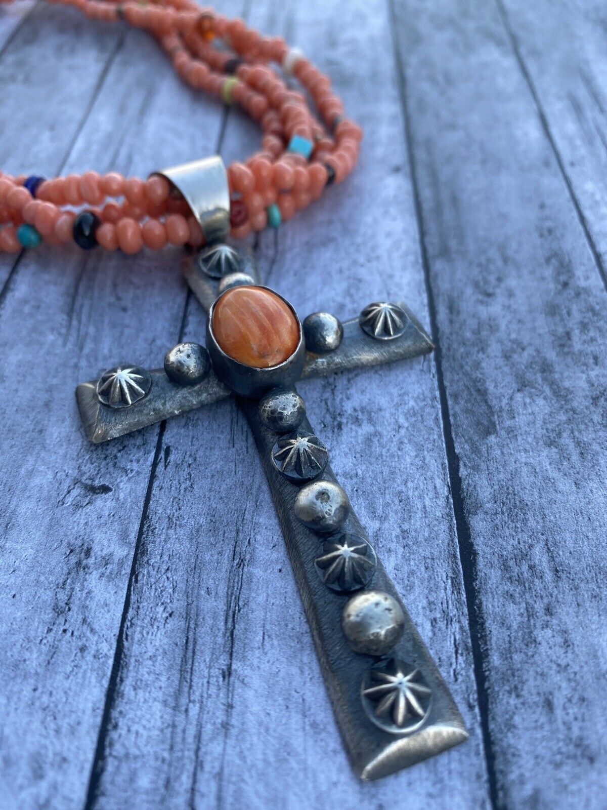 Navajo Sterling Silver & Orange Spiny Shell  Cross Pendant Chimney Butte