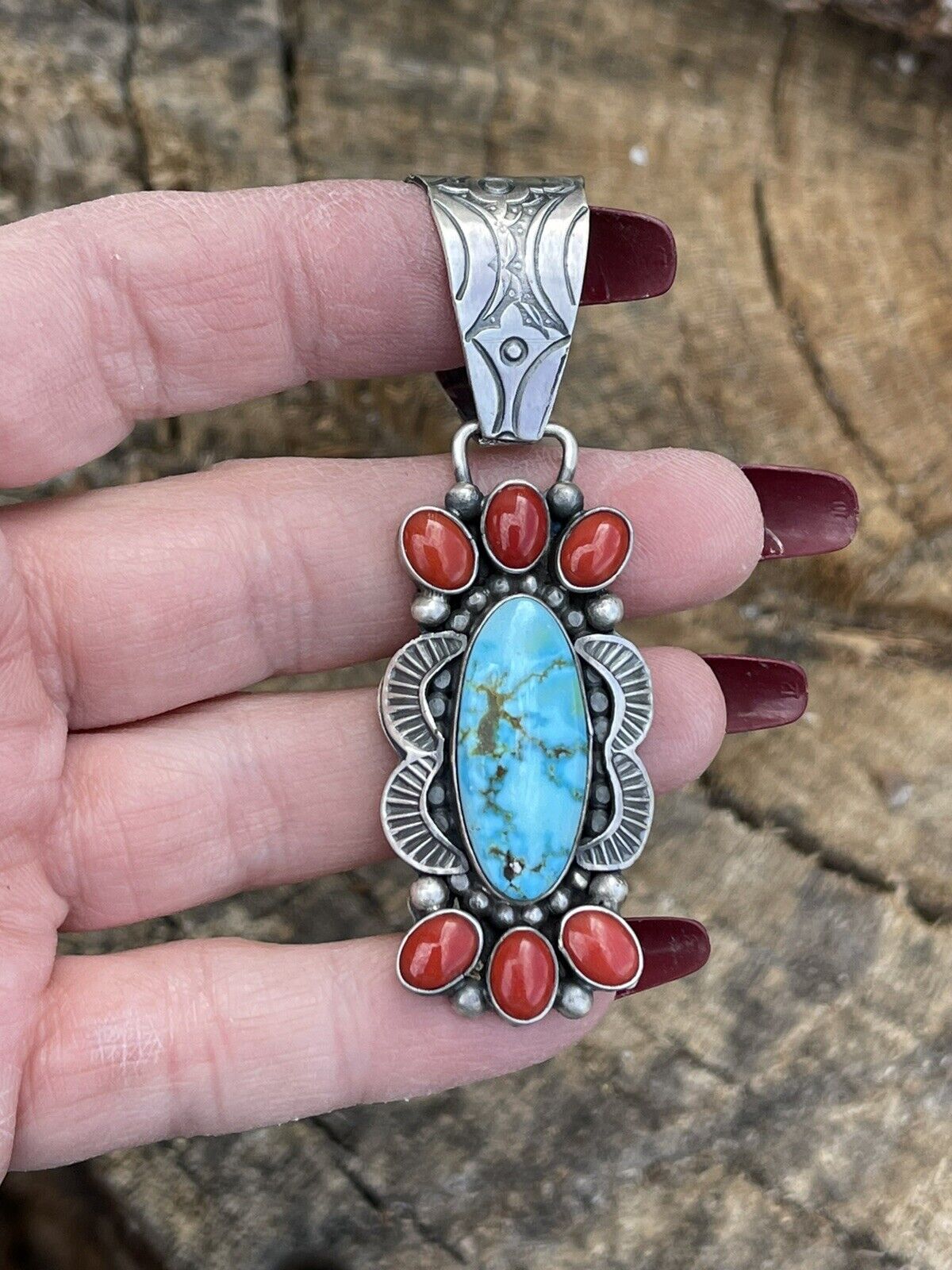 Navajo Sterling Kingman Web Turquoise & Red Coral Pendant Taos Collection