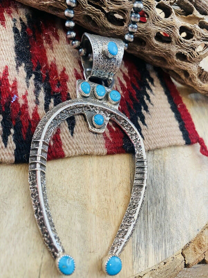 Navajo Sterling Silver & Kingman Turquoise Naja Pendant Signed