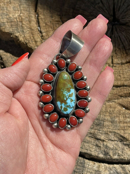 Navajo Sterling Silver Kingman Web Turquoise & Red Coral Taos Cluster Pendant