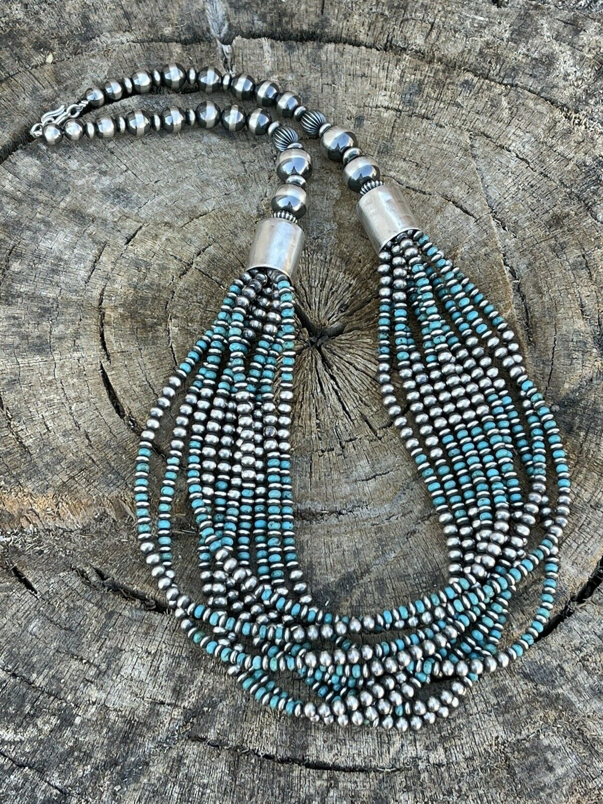 Navajo Sterling Silver & Turquoise Beaded 10 Strand Necklace