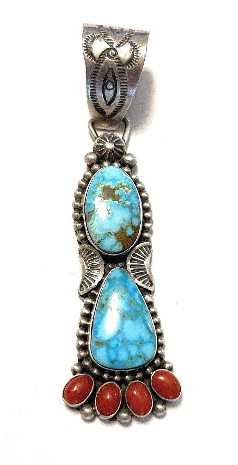 Navajo Sterling Kingman Web Turquoise & Red Coral Taos Pendant Danny Clark