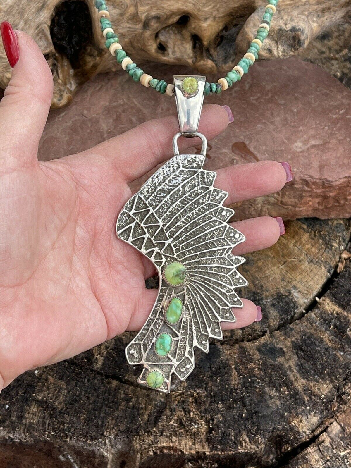 Navajo Sterling Silver Sonoran Gold Turquoise 4 Stone Indian Chief Pendant