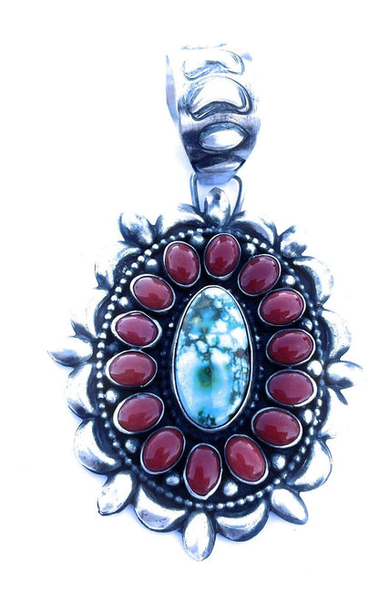 Navajo Sterling Kingman Web Turquoise & Red Coral Taos Ornate Pendant D. Clark