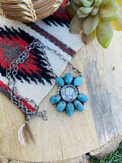 Navajo Sterling Silver & Carico Lake Turquoise Liberty Coin Necklace