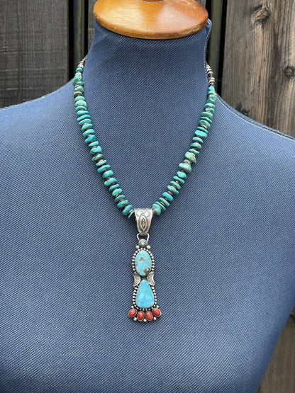 Navajo Sterling Kingman Web Turquoise & Red Coral Taos Pendant Danny Clark