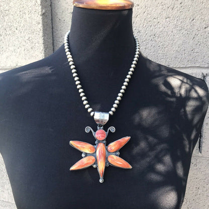 Navajo Sterling Silver Orange  Spiny Oyster Dragonfly Pendant Signed