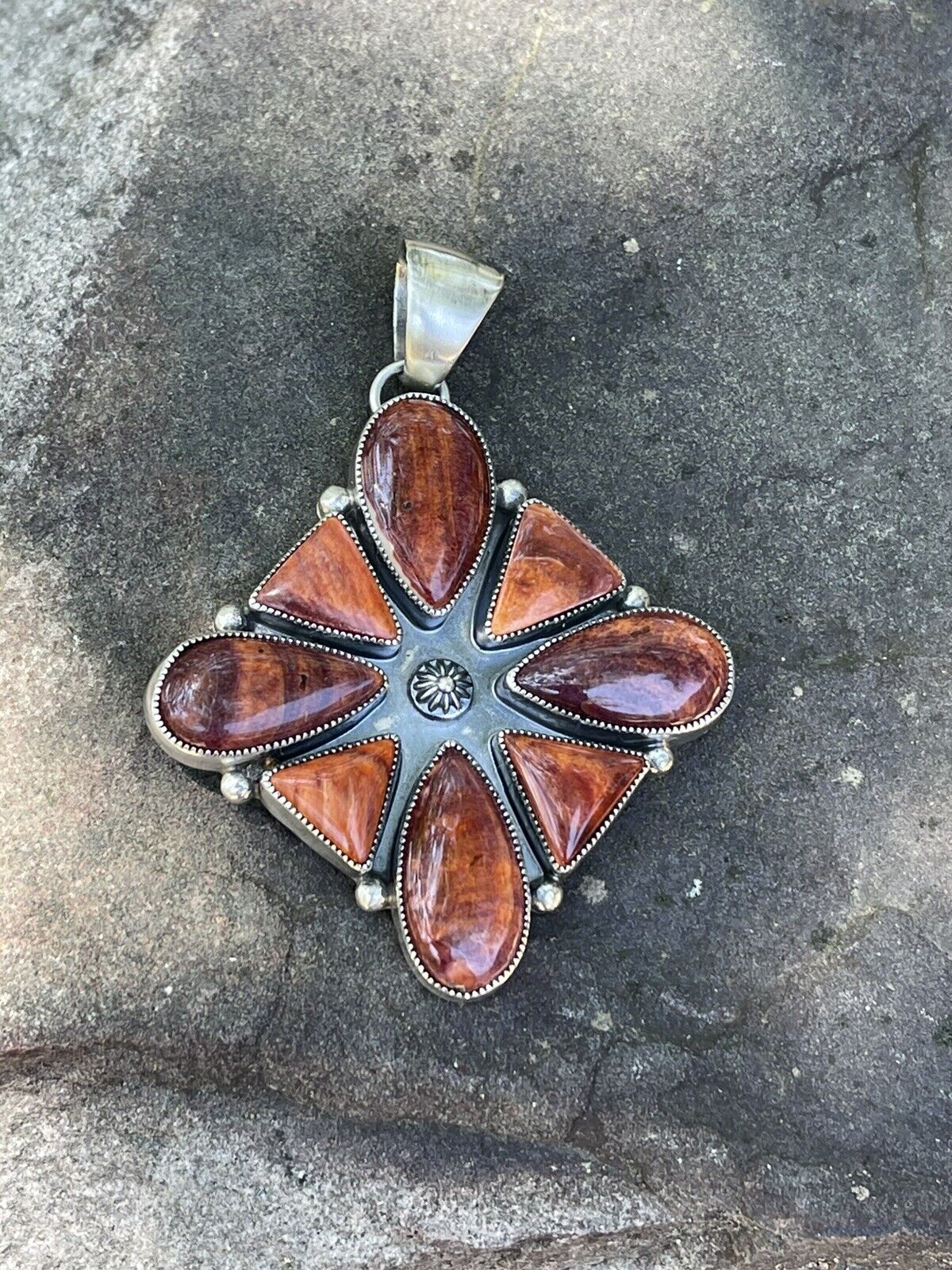 Navajo Sterling Silver Orange Spiny  Jumbo Cluster Pendant