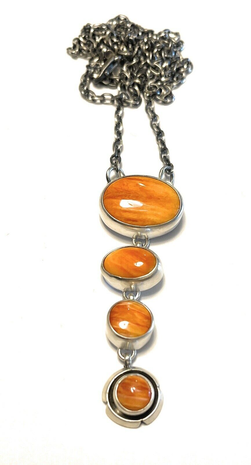 Navajo Orange Spiny Circle & Sterling Silver 4 Stone Lariat Necklace