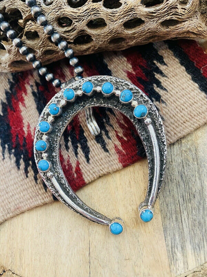 Navajo Sterling Silver & Kingman Turquoise Naja Pendant Signed