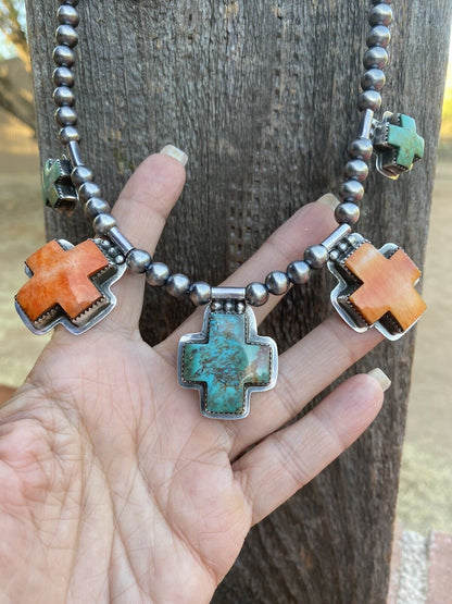 Buffalo Dancer Kingman Turquoise & Spiny Sterling Cross Beaded Necklace Signed