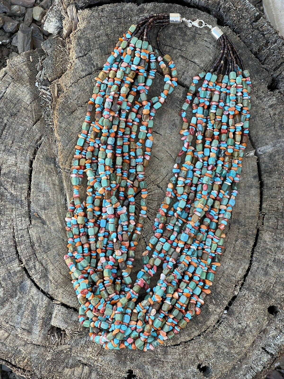 Navajo  Turquoise Multi Stone & Sterling Silver 15 Strand Beaded Necklace