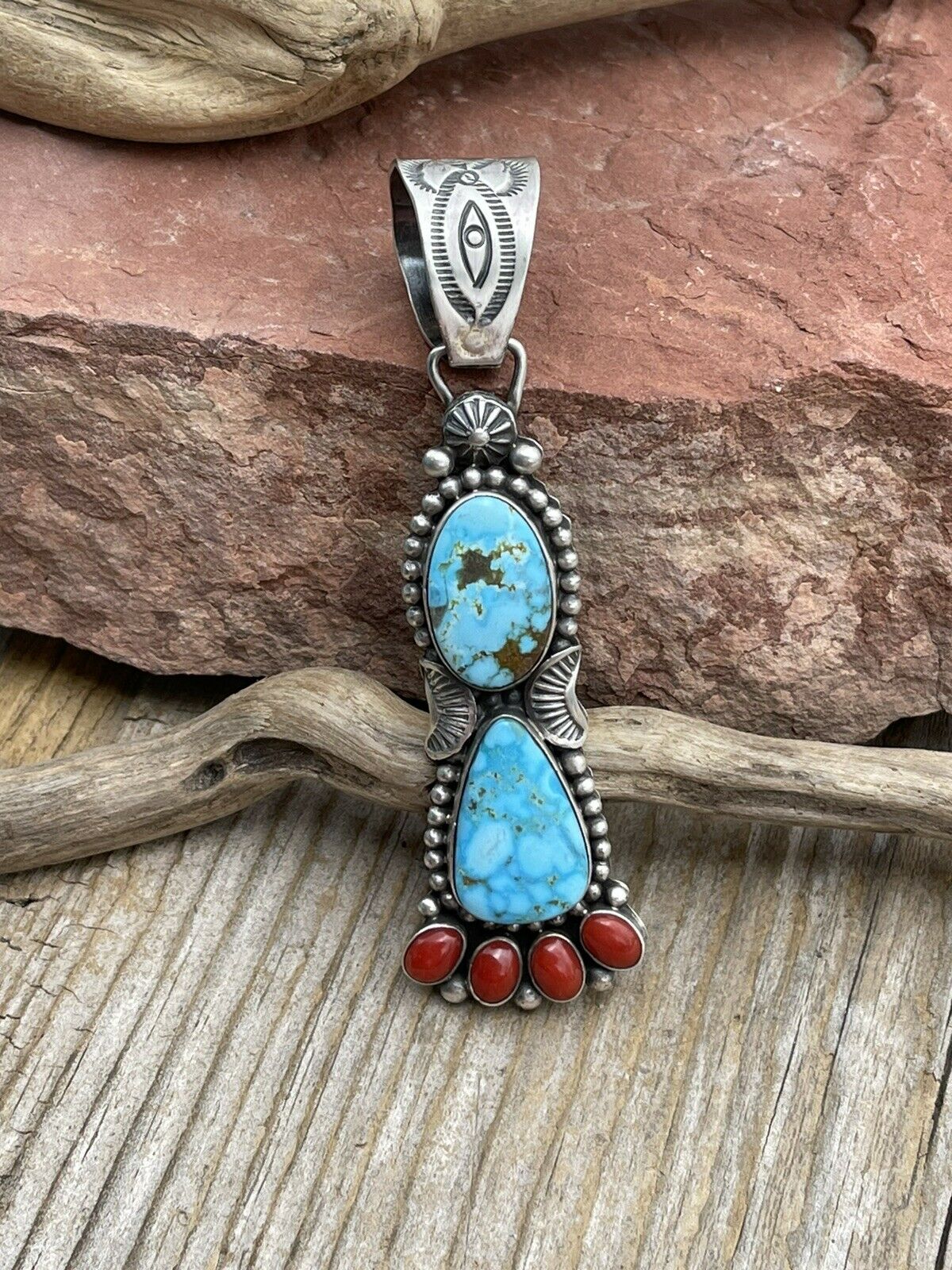 Navajo Sterling Kingman Web Turquoise & Red Coral Taos Pendant Danny Clark