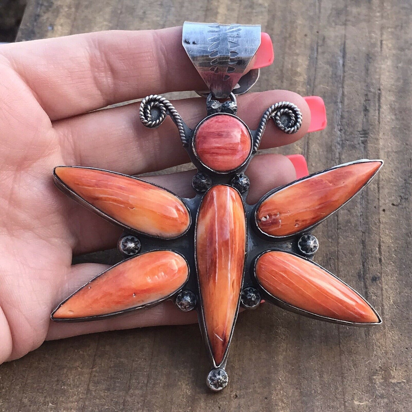 Navajo Sterling Silver Orange  Spiny Oyster Dragonfly Pendant Signed