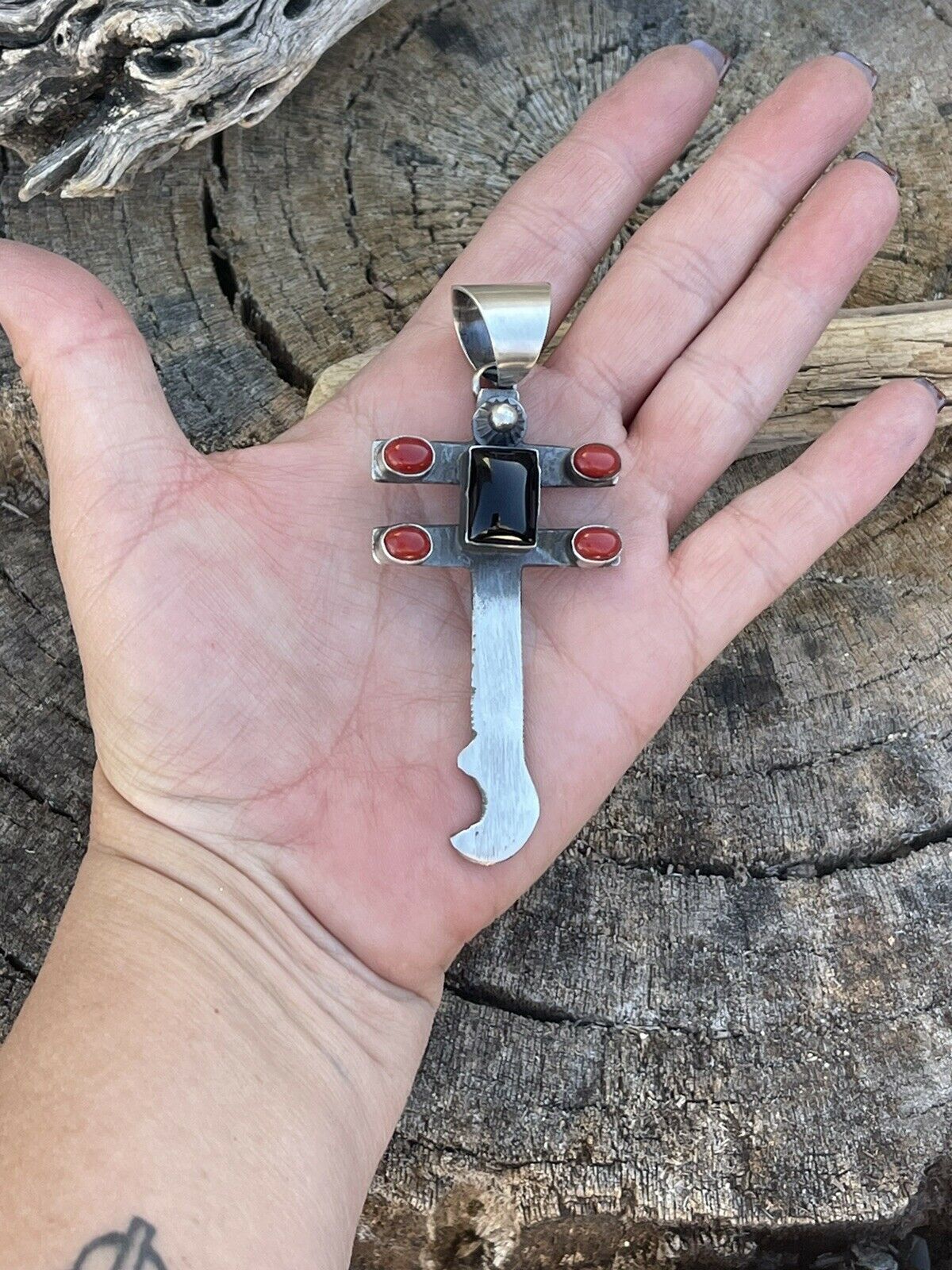 Navajo Sterling Silver Black Onyx and Coral Dragonfly Pendant By Chimney Butte