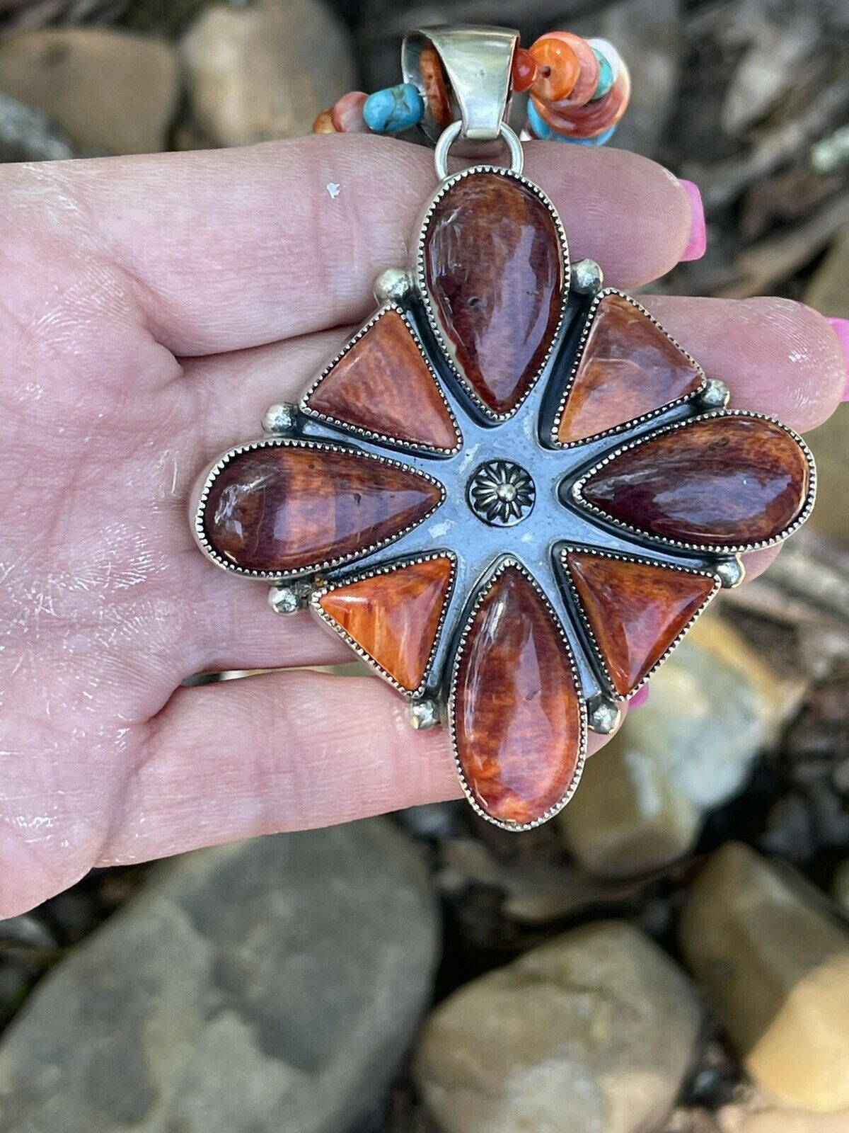 Navajo Sterling Silver Orange Spiny  Jumbo Cluster Pendant