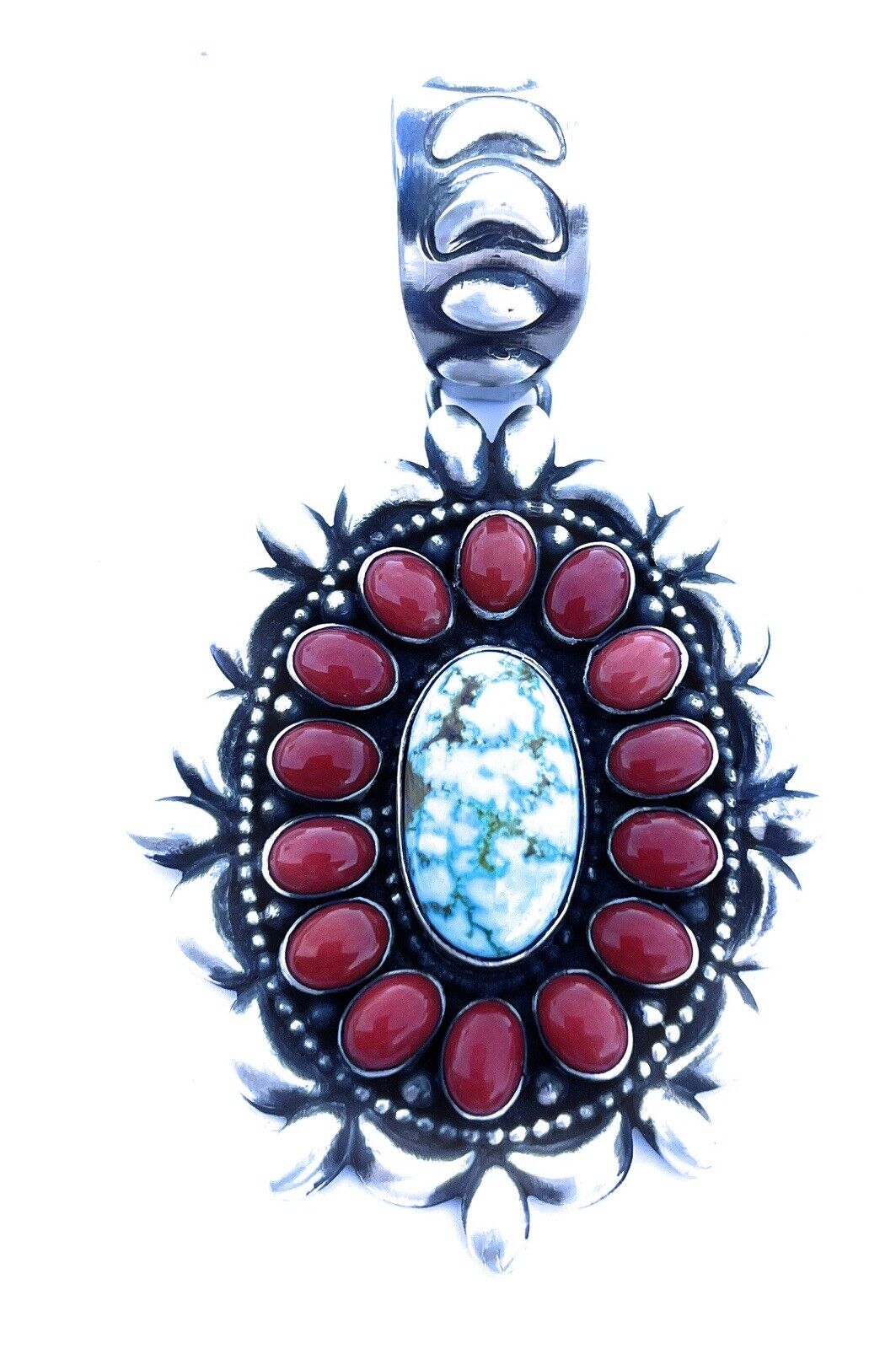 Navajo Sterling Kingman Web Turquoise & Red Coral Taos Ornate Pendant D. Clark