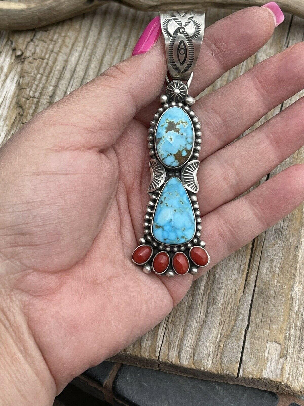 Navajo Sterling Kingman Web Turquoise & Red Coral Taos Pendant Danny Clark