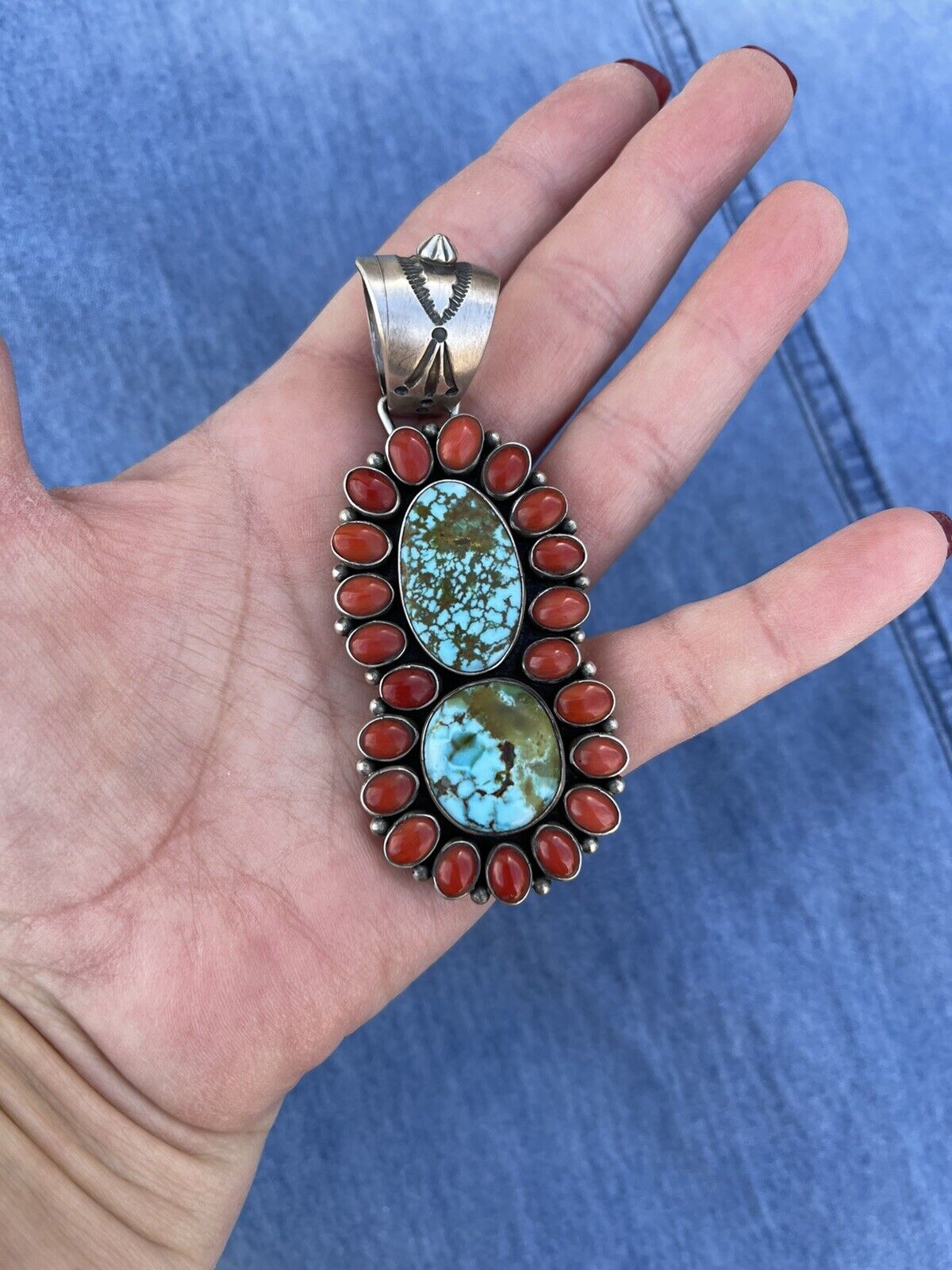 Navajo Sterling 2 Stone Kingman Web Turquoise & Red Coral Taos Pendant