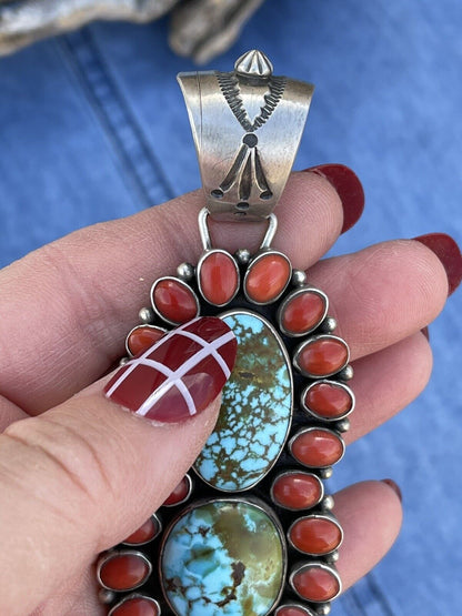 Navajo Sterling 2 Stone Kingman Web Turquoise & Red Coral Taos Pendant