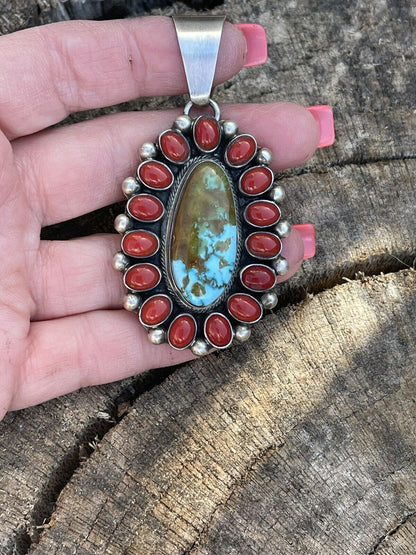 Navajo Sterling Silver Kingman Web Turquoise & Red Coral Taos Cluster Pendant