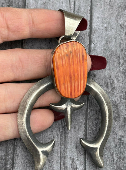 Navajo Chimney Butte Orange Spiny & Sterling Silver Naja Pendant Signed