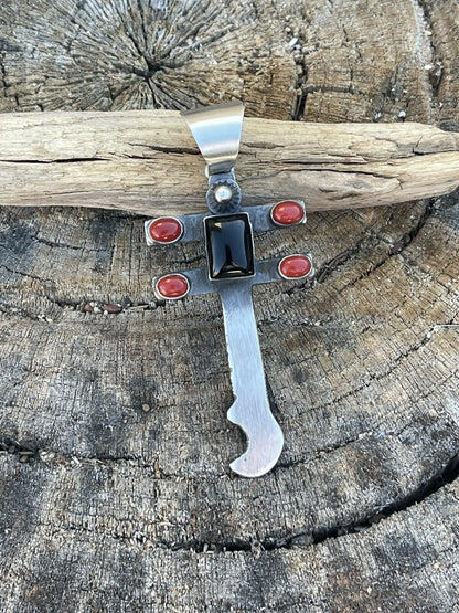 Navajo Sterling Silver Black Onyx and Coral Dragonfly Pendant By Chimney Butte