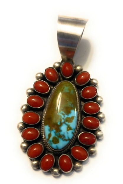 Navajo Sterling Silver Kingman Web Turquoise & Red Coral Taos Cluster Pendant