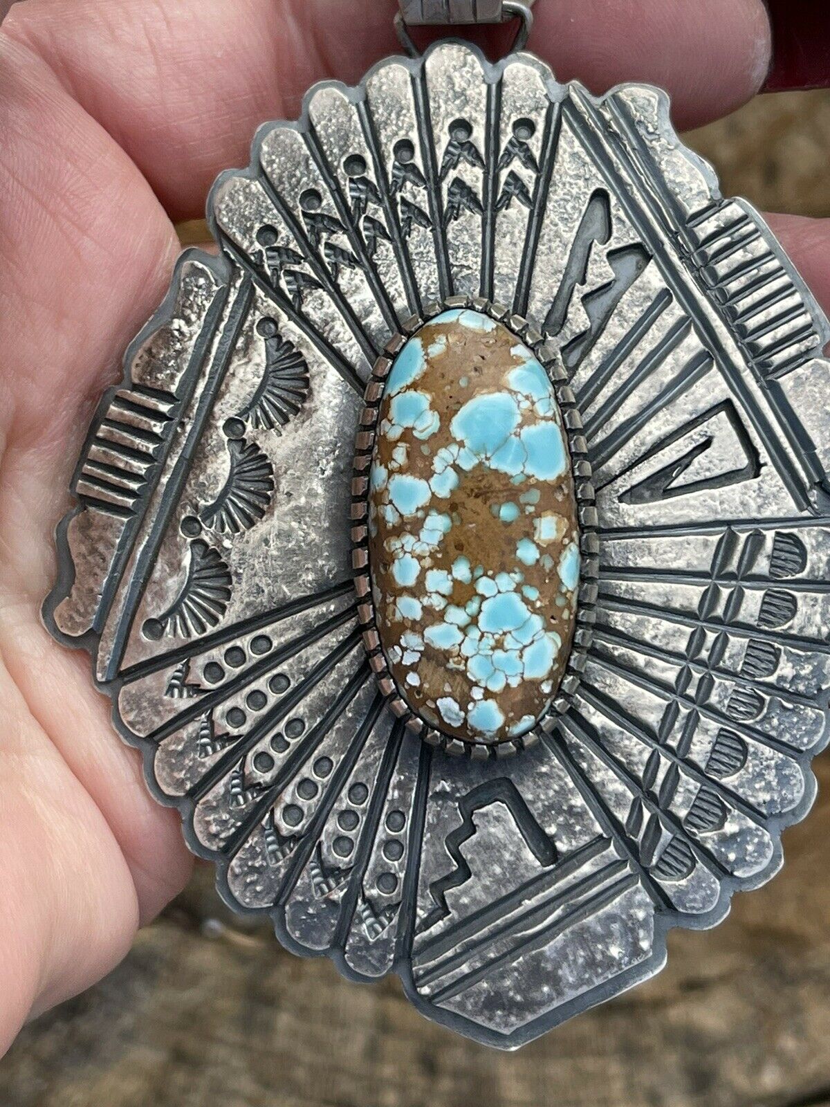 Navajo Number 8  Turquoise & Sterling Tufa Cast Jumbo Pendant Signed