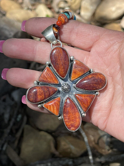 Navajo Sterling Silver Orange Spiny  Jumbo Cluster Pendant