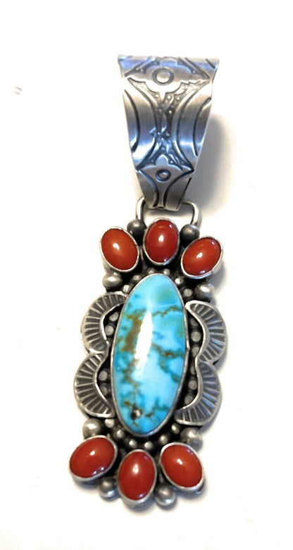 Navajo Sterling Kingman Web Turquoise & Red Coral Pendant Taos Collection