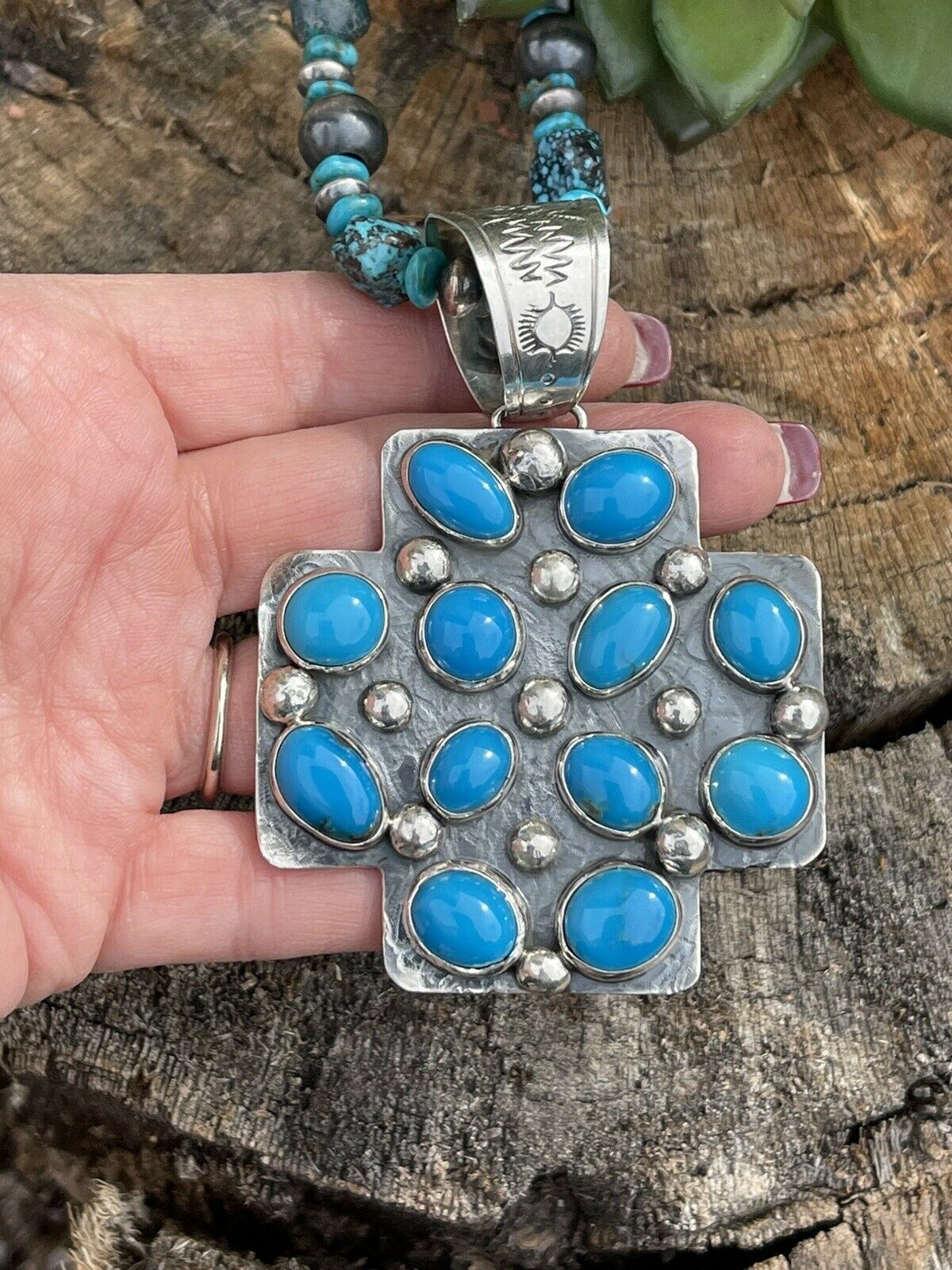 Navajo Mountain Blue Turquoise & Sterling Silver Southwest Cross Pendant Signed