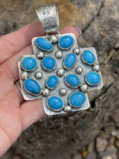 Navajo Mountain Blue Turquoise & Sterling Silver Southwest Cross Pendant Signed