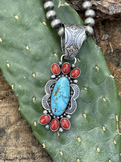 Navajo Sterling Kingman Web Turquoise & Red Coral Pendant Taos Collection