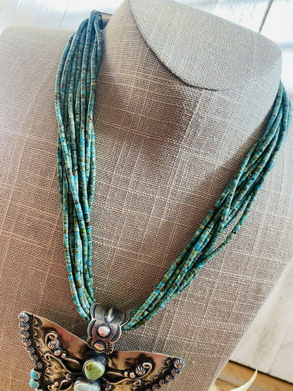 Navajo Sonoran Mountain Turquoise & Sterling Silver  Butterfly Necklace Signed