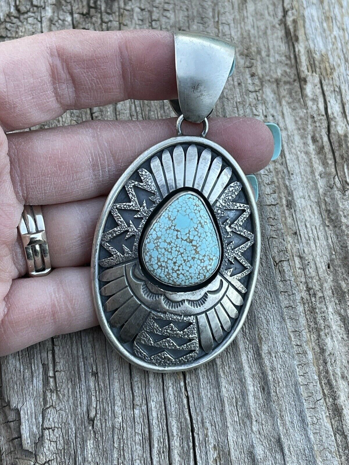 Navajo Dry Creek Turquoise Stone & Sand Cast Sterling Silver Pendant Signed