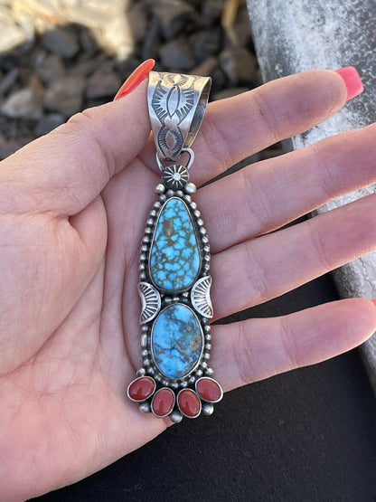 Navajo Sterling Kingman Web Turquoise & Red Coral Taos Pendant Danny Clark