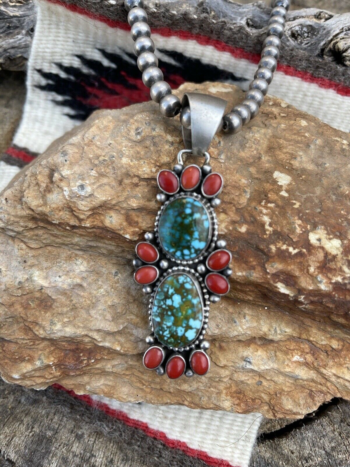 Navajo Sterling Kingman Web Turquoise & Red Coral Taos Pendant Bea Tom