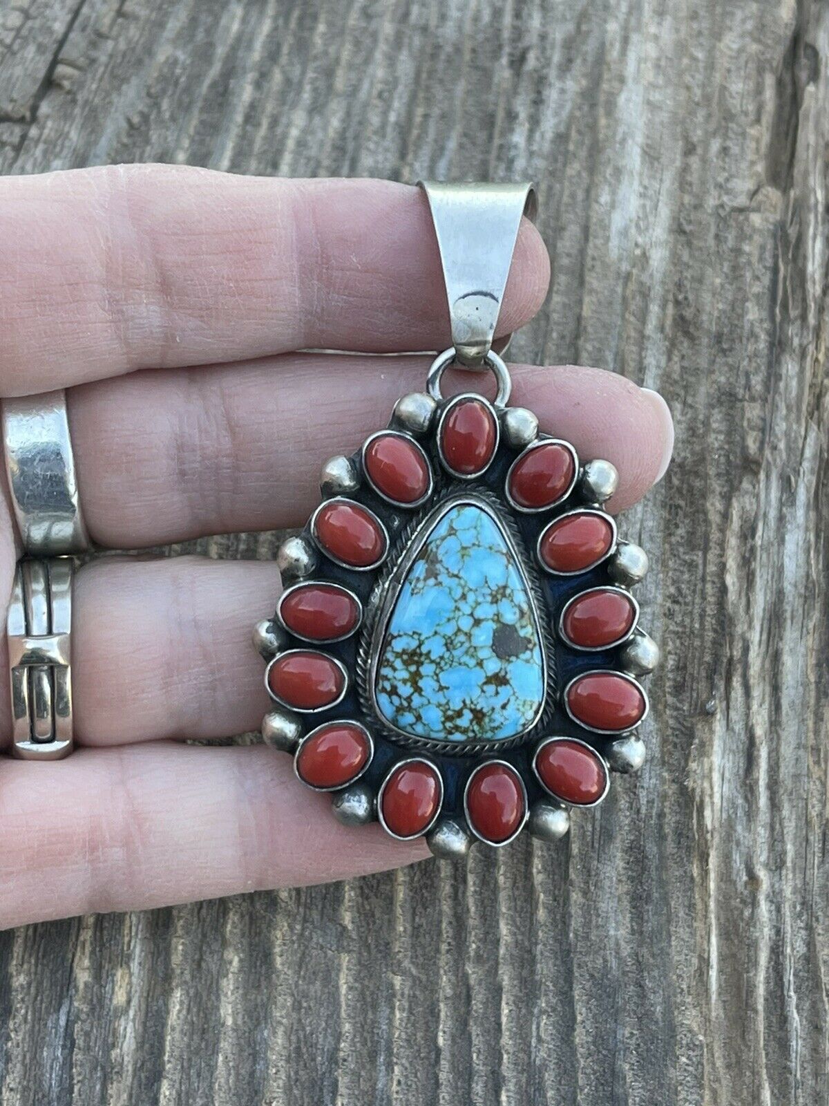 Navajo Sterling Kingman Web Turquoise & Red Coral Taos Pendant Kathleen Chavez