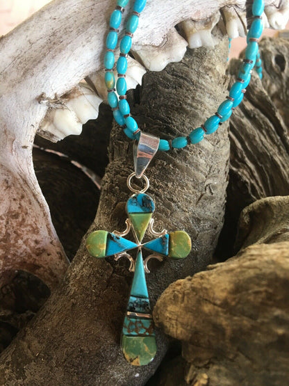 Navajo Multi Stone And Sterling Silver Two Sided Inlay Cross Pendant