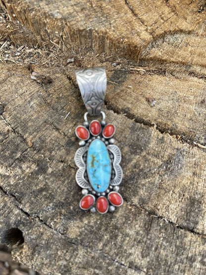 Navajo Sterling Kingman Web Turquoise & Red Coral Pendant Taos Collection