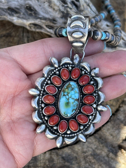 Navajo Sterling Kingman Web Turquoise & Red Coral Taos Ornate Pendant D. Clark