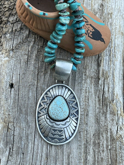 Navajo Dry Creek Turquoise Stone & Sand Cast Sterling Silver Pendant Signed