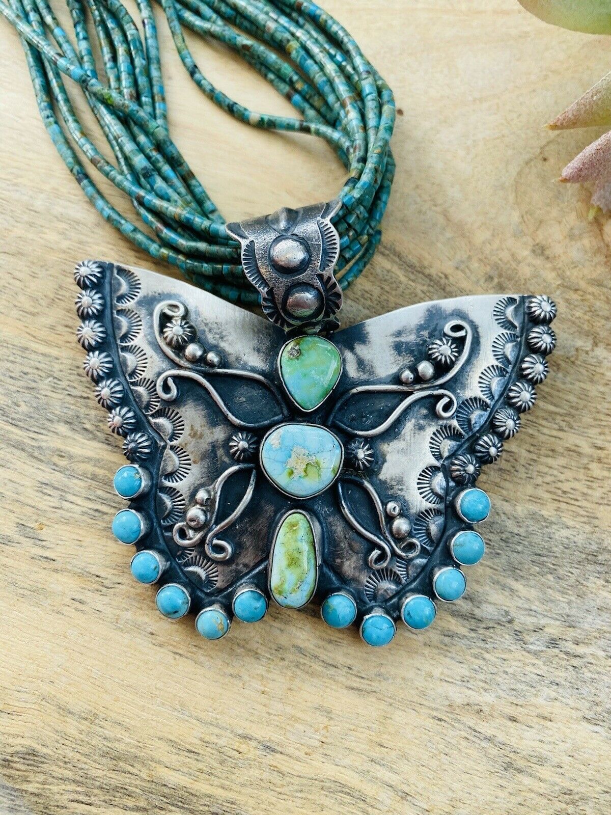 Navajo Sonoran Mountain Turquoise & Sterling Silver  Butterfly Necklace Signed