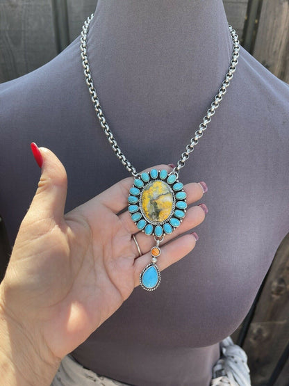 Navajo Bumblebee , Spiny & Turquoise Sterling Drop Cluster Necklace Signed