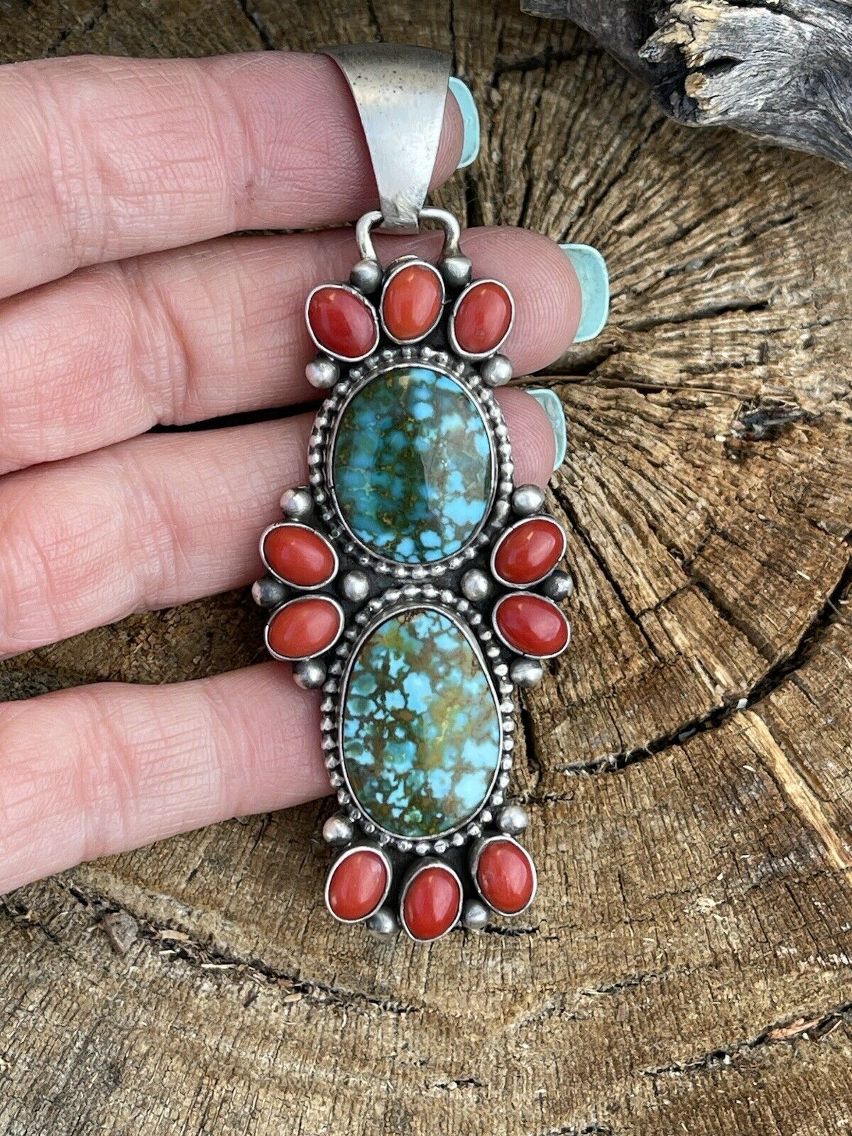 Navajo Sterling Kingman Web Turquoise & Red Coral Taos Pendant Bea Tom